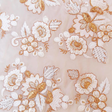 Beige Lace With Floral Embroidery In Off White And Bronze Work, Embroidered Trim, 1 Yard Trim